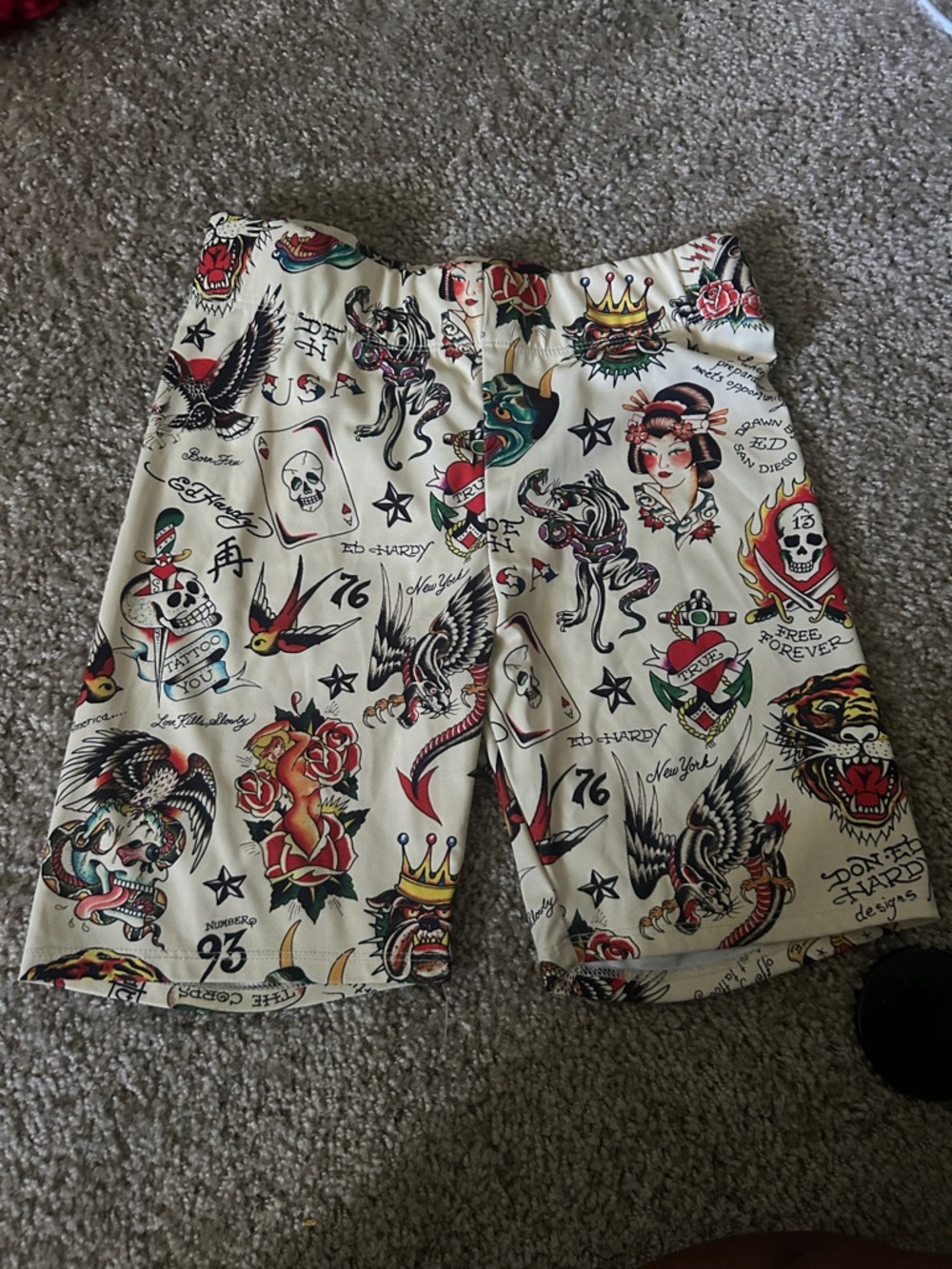Ed Hardy Tattoo-Print Cream Biker Shorts